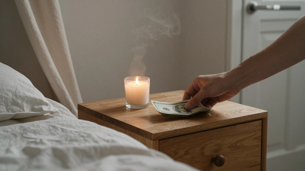 A cash bill on a nightstand beside a candle, no devices, only quiet room elements suggesting trust and silence.