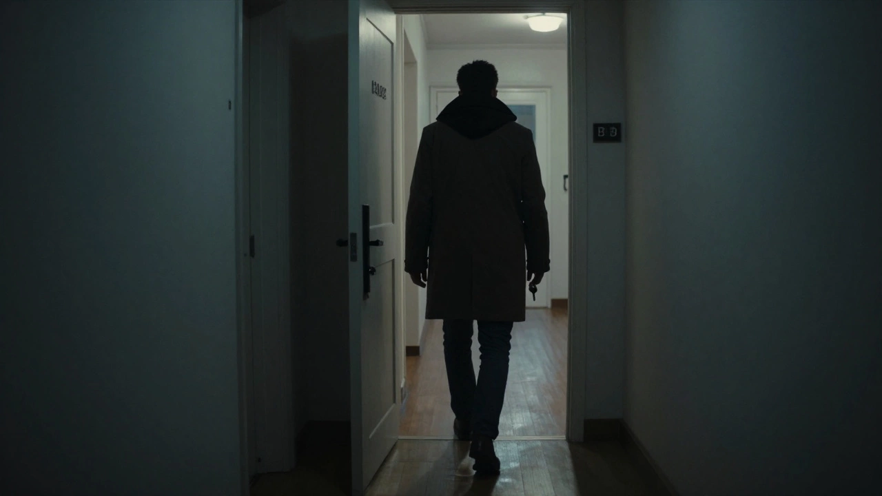 A person entering a discreet building at night, no signs or cameras, coat collar up, alone in dim hallway.