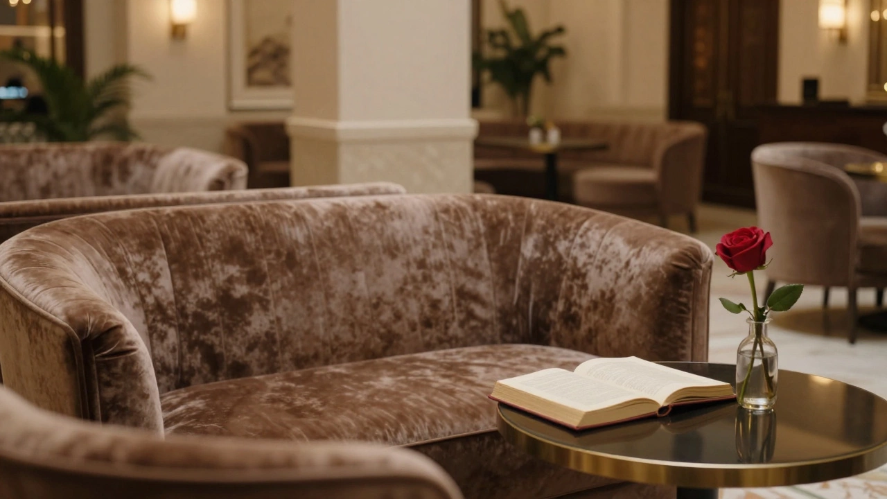 An empty serene lounge in historic Bur Dubai with a velvet sofa, a novel, and a single rose.
